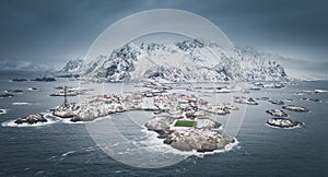 Amazing aerial view at football playfield in distant northern Lofoten archipelago - Henningsvaer, Norway