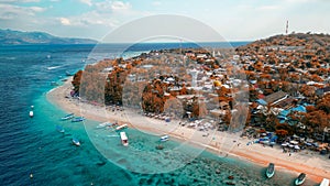 Amazing aerial view of Gili Trawangan coastline on a sunny day, Indonesia