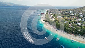 Amazing aerial view of Gili Trawangan coastline on a sunny day, Indonesia