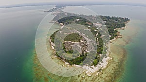 Amazing aerial view historical island with archeological buildings and ruins sand beach ancient landmark famous tourist