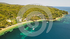 Amazing aerial view of Koukounaries Beach in Skiathos