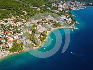 Amazing aerial view of Makarska riviera, Dalmatia, Croatia, landscape. Tourist resort, Adriatic sea coast, travel background