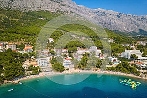 Amazing aerial view of Makarska riviera, Dalmatia, Croatia, landscape. Tourist resort, Adriatic sea coast, travel background