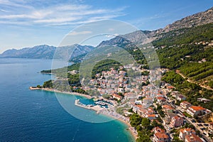 Amazing aerial view of Makarska riviera, Dalmatia, Croatia, landscape. Tourist resort, Adriatic sea coast, travel background