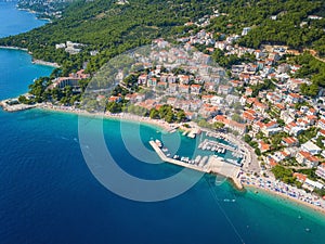 Amazing aerial view of Makarska riviera, Dalmatia, Croatia, landscape. Tourist resort, Adriatic sea coast, travel background