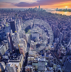 Amazing aerial view of Manhattan with sunset