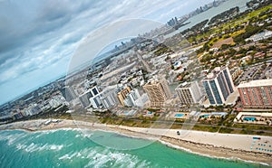 Amazing aerial view of Miami Beach, buildings and beach on a sunny day