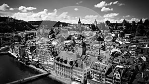 Amazing aerial view over the historic district of Lucerne in Swi in black and white