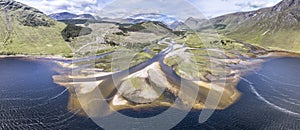 Amazing aerial view of the paradisal landscape of Glen Etive with the mouth of River Etive