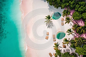 Amazing aerial view of paradise beach landscape with loungers and pink umbrellas close to amazing tropic sea. White sand and blue