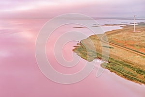 Amazing aerial view of the pink lake, at sunset, beautiful landscape, juicy multi-colored colors