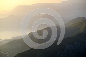 Amazing aerial view of range near Kotor Bay, Montenegro. Breathing panorama of Balkan mountains taking from Lovchen National Park