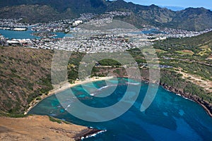 Amazing aerial view of scenic Haunama Bay Oahu Hawaii