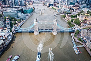 The amazing aerial view of Tower Bridge and River Thames, London. Famous International Landmark