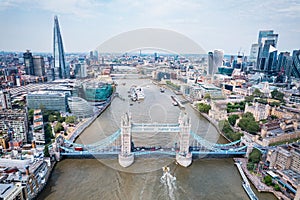 The amazing aerial view of Tower Bridge and River Thames, London. Famous International Landmark