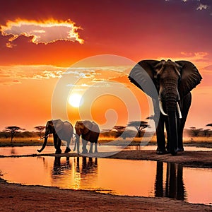 Amazing african elephants at sunset concept image