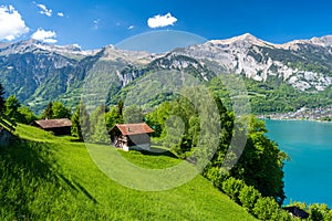 Amazing alpine view on Brienzersee lake with wooden hut during sunny day in Switzerland