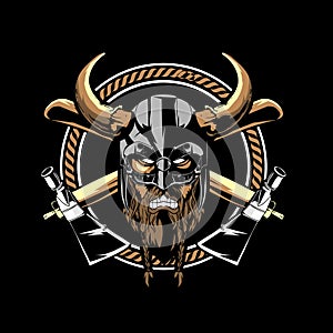 AMAZING ANGRY VIKING WARRIOR HEAD WITH AXE VECTOR LOGO TEMPLATE