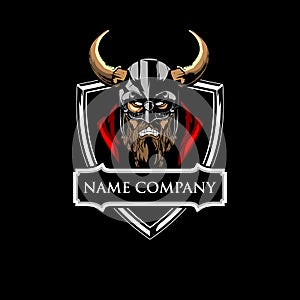 Amazing angry Viking warrior head with shield logo vector template