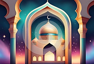 Amazing architecture design of mosque with crescent moon. Ramadan celebration. Starry background Generative AI