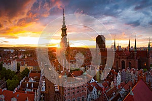 Amazing architecture of the main city in Gdansk at sunset, Poland. Aerial view of the Long Market, Main Town Hall and St. Mary