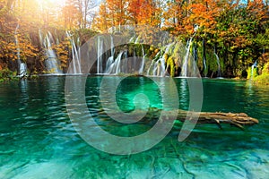 Amazing autumn landscape with waterfalls in Plitvice National Park, Croatia