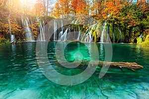 Amazing autumn landscape with waterfalls in Plitvice National Park, Croatia photo