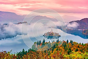 Amazing autumn scenery of Lake Bled at sunrise, Slovenia