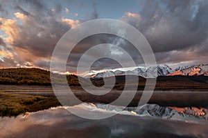 Sunset lake mountains reflection clouds autumn