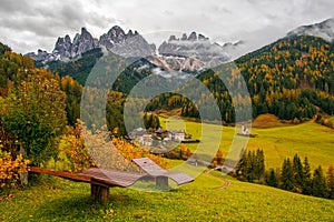 Amazing autumn view of Santa Maddalena village, South Tyrol, Dolomite Alps, Italy.