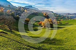 Amazing Autumn view of typical Switzerland village near town of Interlaken