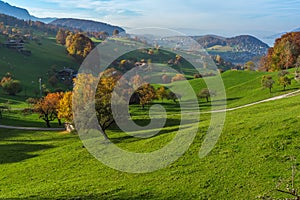 Amazing Autumn view of typical Switzerland village near town of Interlaken