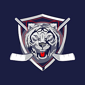 Amazing and awesome TIGER head cartoon with shield for hockey team logo vector template