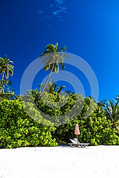 Amazing beach in Maldives. Blue sky clouds and relaxing seascape