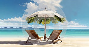 Amazing beach. Romantic chairs umbrella on sandy beach palm tree leaves, sun sea sky. Summer holiday, couples vacation