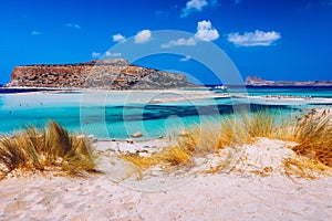 Amazing beach with turquoise water at Balos Lagoon and Gramvousa in Crete, Greece. Cap tigani in the center. Balos beach on Crete