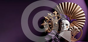 Amazing and beautiful carnival mask with golden and purple tones. Fun time. Generative AI