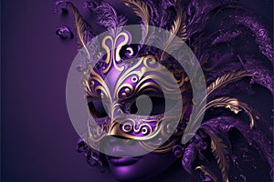 Amazing and beautiful carnival mask with golden and purple tones. Fun time. Generative AI