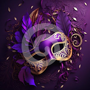 Amazing and beautiful carnival mask with golden and purple tones. Fun time. Generative AI