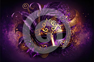 Amazing and beautiful carnival mask with golden and purple tones. Fun time. Generative AI