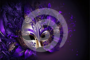 Amazing and beautiful carnival mask with golden and purple tones. Fun time. Generative AI