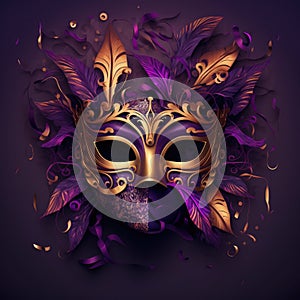 Amazing and beautiful carnival mask with golden and purple tones. Fun time. Generative AI