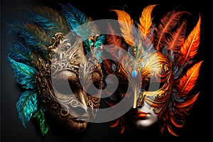 Amazing and beautiful carnival masks with colorful tones. Fun time. Generative AI