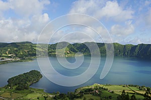 Amazing beautiful landscape Blue Lake Lagoa Azul in Sete Cidades of Sao Miguel island Azores