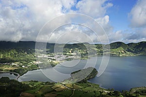 Amazing beautiful landscape Blue Lake Lagoa Azul in Sete Cidades of Sao Miguel island Azores