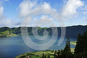 Amazing beautiful landscape Blue Lake Lagoa Azul in Sete Cidades of Sao Miguel island Azores