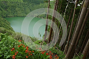 Amazing beautiful landscape view of green lagoon Lagoa do Rasa o