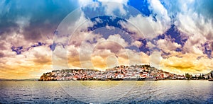 Amazing beautiful panorama of Ohrid city and lake Ohrid during sunrise