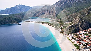 Amazing beautiful panoramic view from drone of Oludeniz Blue lagoon beach in Fethiye in Mugla