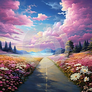 Amazing beautiful scenery flower field along long road to fantasy heaven cloud sky and mountain at the end